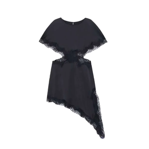 Women's black lace trim sleeveless dress with side cut-outs and asymmetrical hemline