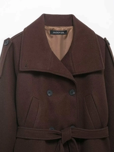 Detailed view of the dark brown double-breasted wool coat with notch lapels and waist tie