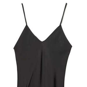 Minimalist black V-neck satin slip dress with thin spaghetti straps for women