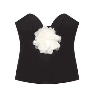 Haut Tube Noir Sans Bretelles pour Femmes Fleur en Maille 3D Contrastée Style Corset Fermeture Éclair Latérale Slim Fit Clubwear