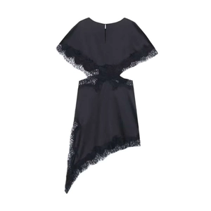 Chic black lace patchwork dress with asymmetrical hem and cutout waist detail