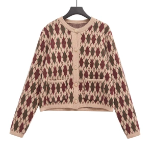 Beige argyle knit cardigan with round neck and gold buttons in a vintage style