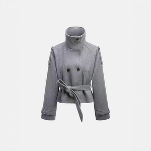 Elegant grey wool short jacket with waist tie and double-breasted buttons in professional style