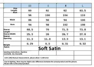 Size chart table for summer satin blouse showing measurements for XS to L sizes