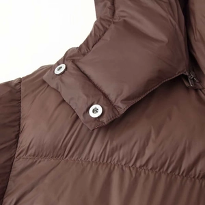 Fashionable dark brown hooded winter jacket with satin finish and white buttons