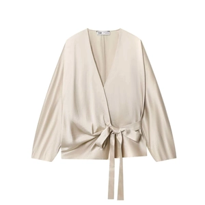 Elegant Satin Wrap Blouse V-Neck Long Sleeve Bow Tie Waist Champagne Solid Color Shirt For Women Office Wear Top
