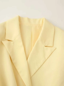 Détail du revers cranté et de l'épaule sur une veste de blazer jaune clair pour femme
