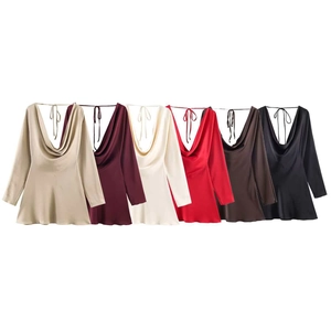 Robe de Femme Élégante en Satin avec Col Bénitier Manche Longue Dos Nu Sexy Robe Courte à Nouer pour Soirée Club Robe Courte