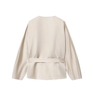 Champagne gold satin blouse with belted waist and draped long sleeves on white background