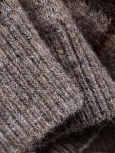Close-up of the grey marble knit sweater showing soft ribbed texture and fuzzy wool fibers