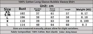Guide des tailles pour chemise en popeline à manches bouffantes avec mesures détaillées
