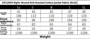 Size chart for brown cable-knit hooded coat showing measurements for sizes XS to XL
