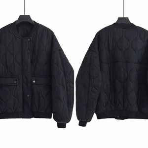 Women's black quilted winter jacket with onion stitching and button closure, front and back view
