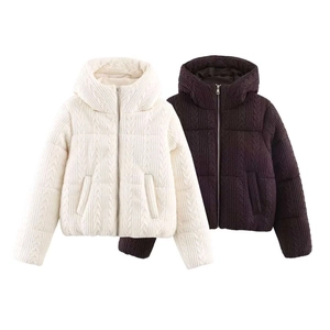 Women Fashion Cable Knit Hooded Padded Jacket Winter Warm Thick Zipper Short Cotton Coat Outerwear Deep Brown White