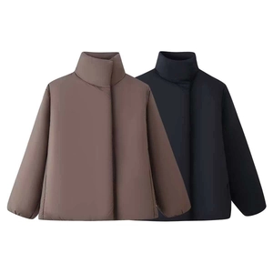 Short loose fit puffer jacket with stand collar in brown and black windproof fabric
