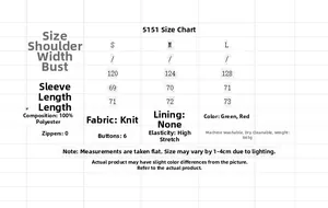 Size chart showing S, M, L dimensions for the green and red Christmas knit sweater