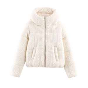 Winter stylish cream white cable knit hooded puffer jacket with metallic front zipper