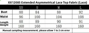 Detailed size chart for women's asymmetric long lace camisole including XS-L measurements