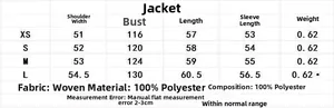 Size chart for vintage two-tone wool jacket with measurements and fabric details