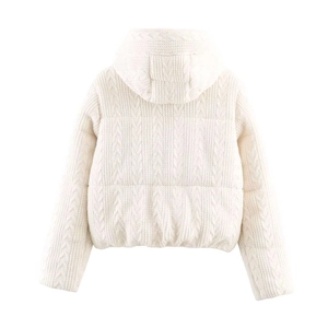 Back view showing cable-knit texture and hood detail of the cream puffer jacket