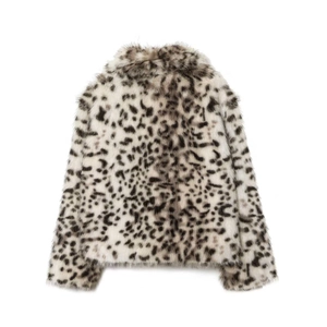 Faux fur leopard print jacket for women in black and white tones, rear view display
