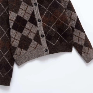 Women's vintage argyle knit cardigan with plush fuzzy texture and front buttons