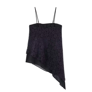Women's black lace camisole top with thin straps and stylish asymmetrical hem