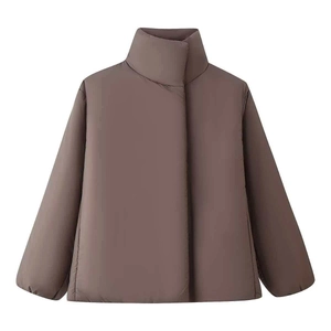 Minimalist coffee brown winter puffer jacket with high stand collar and loose silhouette
