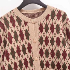 Vintage argyle knit cardigan in dark green and burgundy with gold crest buttons