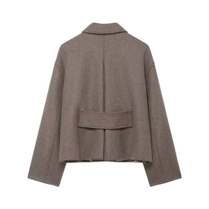 Vintage brown wool short jacket with stylish drop shoulder and back strap detail