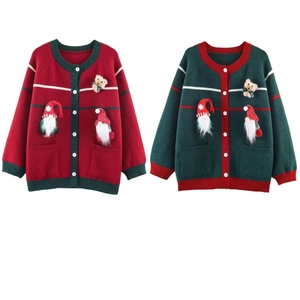 Women's Christmas Knit Cardigan Sweater Loose Long Sleeve Button Up With 3D Gnome And Teddy Bear Decoration Festive Top