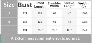 Size chart for reversible wool coat showing chest, length, shoulder and sleeve dimensions