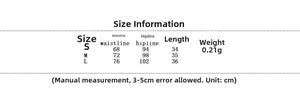 Detailed size chart for faux leather mini skirt with waist and hip measurements in cm