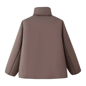 Women's loose stand collar padded jacket in coffee brown color seen from back view