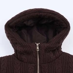 Dark brown cable knit hooded jacket with silver zipper and thick windproof texture