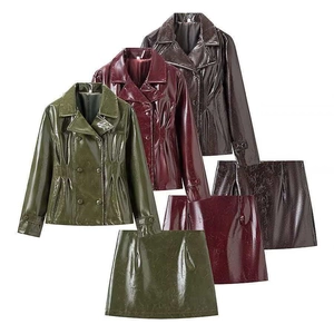 Women Vintage Glossy PU Leather Top And Skirt Set Elegant Double Breasted Jacket High Waist A-Line Mini Skirt Fashion Outfit
