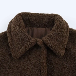 Classic dark brown teddy fleece coat with a standard collar and button-down front