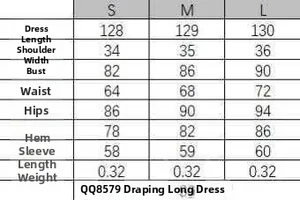 Size chart for deep V satin maxi dress with detailed S, M, L measurements in centimeters