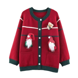 Red Christmas knit cardigan with 3D plush gnomes and green trim decorations