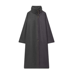Deep grey long wool blend coat featuring a high collar and classic amber button accents