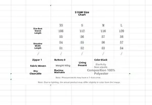 Detailed size chart for black fleece long jacket with chest and length measurements