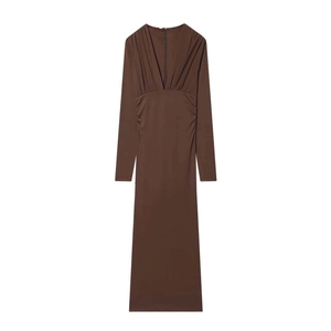 Women Elegant Satin Long Sleeve V Neck Ruched Slim Fit Maxi Dress Dark Brown Office Commute Party Sexy Long Dress
