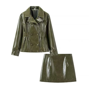 Chic olive green faux leather two-piece set featuring cropped jacket and mini skirt