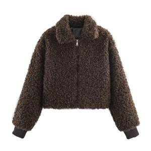 Women Winter Casual Coffee Teddy Fleece Jacket Faux Fur Warm Zip Up Long Sleeve Coat With Pockets Solid Color Outerwear