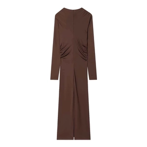 Deep brown long sleeve satin slim maxi dress with back ruching and hem slit detail