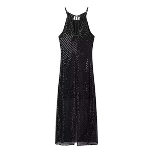Elegant black sequin halter midi dress with stylish cutout and sparkling striped pattern