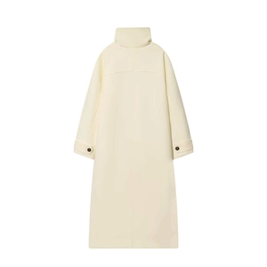 Minimalist beige wool coat with high collar and buttoned cuffs, shown from back view