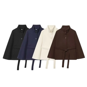 Chic waist-tie wool blend cape coat in four colors for women with elegant high collar