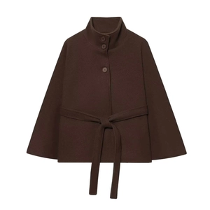 Detail of high stand collar with three buttons on dark brown wool blend cape coat