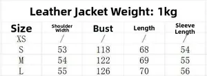Detailed size chart for retro stand collar leather jacket with dimensions in centimeters
